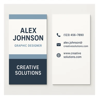A modern and professional business card for Alex Johnson, Graphic Designer at Creative Solutions. The card should include the name, job title, company name, phone number (123) 456-7890, email alex.johnson@creativesolutions.com, and website www.creativesolutions.com. Use a clean, modern design with a professional color scheme. The card should have a vertical layout. sticker
