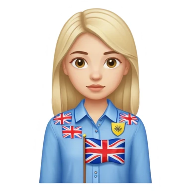 A Ukrainian girl in an embroidered shirt holds a British flag sticker