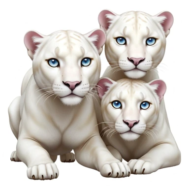 A hyper-realistic 3D render of two white panthers in a dynamic pose.
The female panther has hazel eyes, pure white fur, a soft pink nose, and intricate golden tattoos across her face and body. sticker