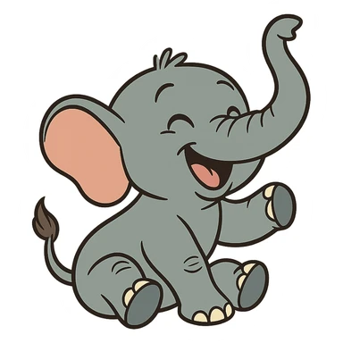 baby elephant in playful pose with trunk up in flat toon style sticker