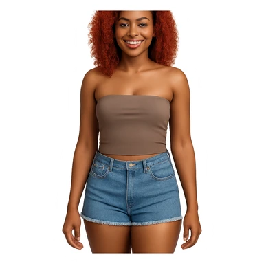 full body portrait of a light skinned Black woman with red hair, wearing a tube top and daisy duke shorts, friendly expression sticker