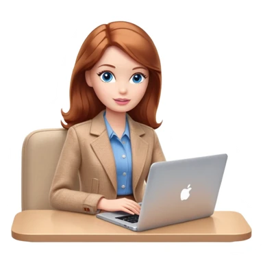 A Barbie girl with blue eyes, shoulder-length reddish-brown hair, made-up, wearing a beige tweed jacket and a beige skirt, is sitting with a MacBook sticker