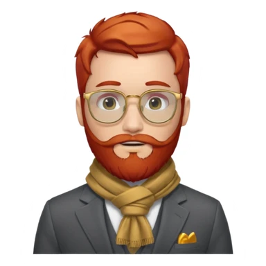 gray scarf, male,  beard, red hair, with suit, gold glasses sticker