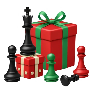 A red gift tied with a green ribbon in a white polka dot, with a knight and pawn chess pieces falling out of the gift sticker