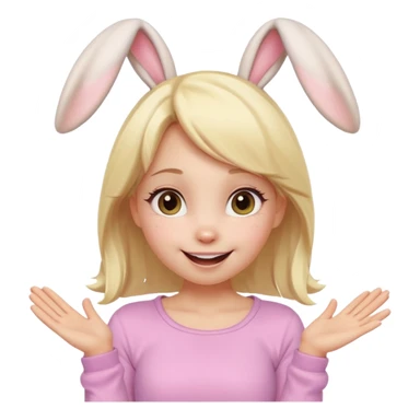 A playful blonde female cartoon character with wide, mischievous eyes, smiling, bunny ears accessory, dynamic pose suggesting movement, pastel colors, minimalistic and cute emoji style. sticker