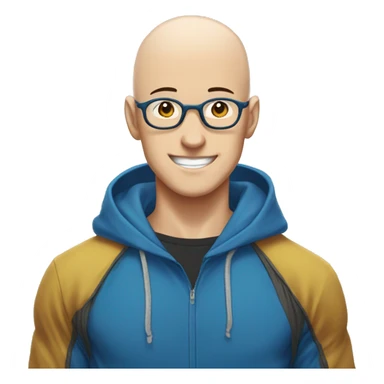 bald saitama in his 20s smiling wearing glasses and blue hoodie sticker