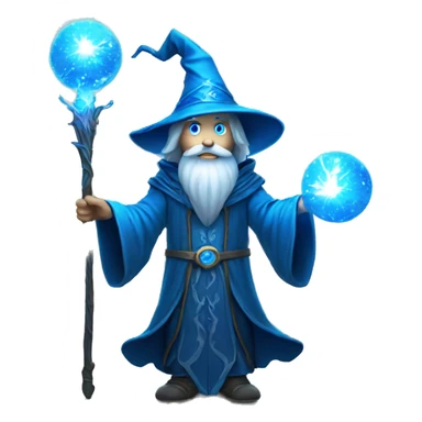 Wizard with staff emitting magical light, ball at the end glowing blue. Mysterious and impressive. sticker