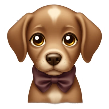 Mocha brown puppy with big eyes and a dark brown bow sticker