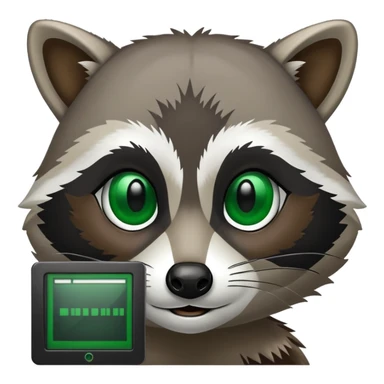 Raccoon face with black computer terminal window in background. The terminal window displays code in green and black. sticker