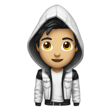 Punk male with hood wear white leather jacket with dark hair sticker