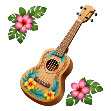 Ukulele with Polynesian carvings laying on flowers sticker