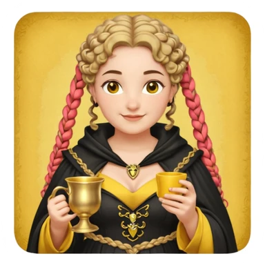 Helga Hufflepuff, 2 curly thick brown braids, yellow-black medieval dress, black cloak decorated with gold braiding, tiny two-handled shiny yellow-gold cup, very kind smile, curvy busty sweet woman, thick rosy cheeks sticker