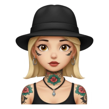 tattoo girl on her neck and body with black hat sticker