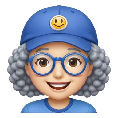 yellow female smiley face emoji, big smile, winking, wearing a blue ballcap backwards, grey curly hair, glasses, no eye color, face only sticker