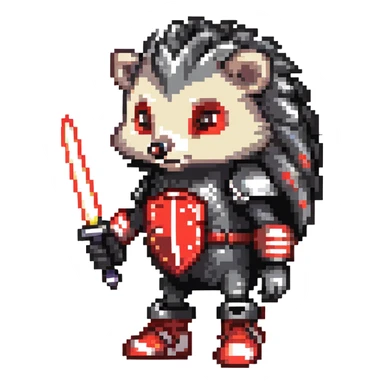 black and red hedgehog with glowing hover shoes and red stripes, standing ready for battle on metallic platforms with neon lights, dark industrial background, mysterious and edgy sticker