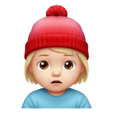 a baby red upset face emoji with a glowing pastel red gradient behind it, red beanie hat on sticker