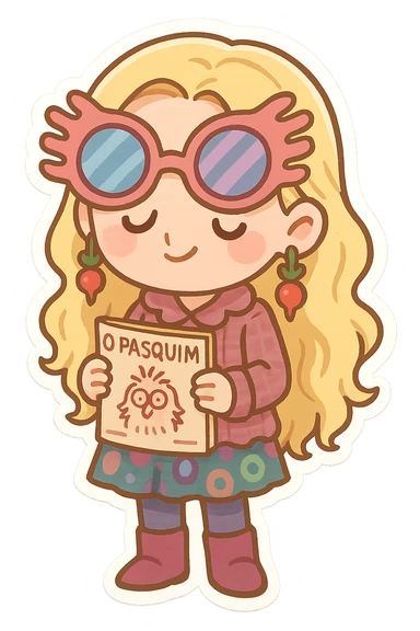 cute chibi character inspired by Luna Lovegood, long blonde hair, wearing eccentric and colorful clothes, radish earrings, holding the magazine O Pasquim, transparent background sticker