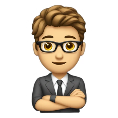 Un joven hermoso moreno claro con lentes traje sentado en un butacon frente a una computadora en  sticker