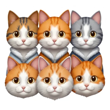 6 cats with different coloured coats, 2 are grey and white, 1 is grey with a little white, 1 calico, 1 brown tabby and white and one ginger and white sticker
