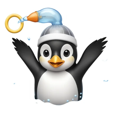 A cheerful penguin swimmer in swim cap, doing a playful backstroke with water rings popping around.
 sticker