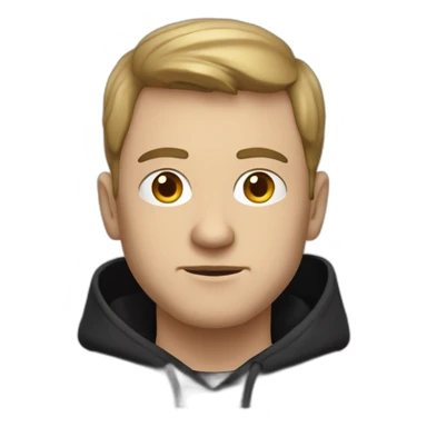 a serious-looking white man wearing a black hoodie facing a laptop screen sticker