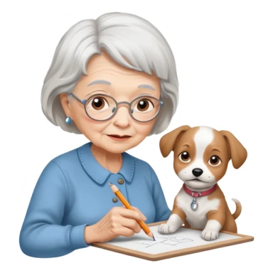 An elderly woman sketching, art board,nice picture, puppy face pencil art style. sticker