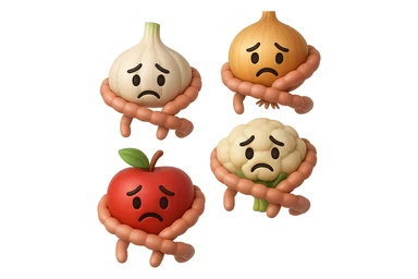 EMOJI STILE IPHONE DI aglio, cipolle, cavolfiore e mele che cadono verticalmente dall'alto con espressione triste con pezzi di colon avvolti intorno, IPERREALISTICO 4K sticker