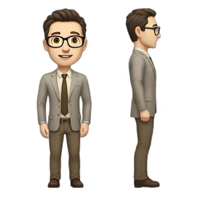 Full height Pale skinned fit man with dark brown hair in gray jacket, beige office shirt, brown tie, brown pants and vintage glasses. His right hand stretched out sticker