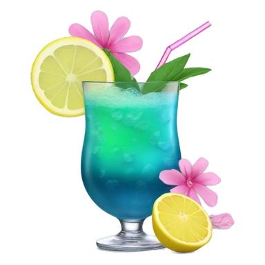 Blue/green cocktail with pink flowers and lemon and straw sticker