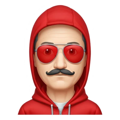 50-year-old man with a thin mustache, black aviator sunglasses, wearing a red hoodie with hood up sticker