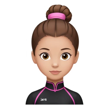 A female gymnast with brown hair in a neat bun, wearing a black uniform with pink elements. sticker