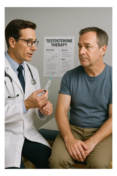 a doctor in a white coat prepares a syringe labeled “Testosterone” while a middle-aged man sits calmly on the examination table, sleeve rolled up and looking slightly apprehensive but trusting. The doctor explains the procedure, and a medical chart about testosterone therapy is visible in the background. The mood is professional and reassuring. sticker