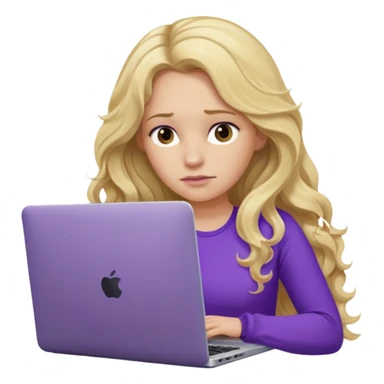 lady with long blonde wavy hair, purple top throwing her with a laptop looking tired sticker