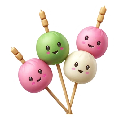 Dango Cinematic Realistic Dango Dessert Emoji, depicted as a skewer holding three colorful rice dumpling balls in different hues, rendered with delicate textures and soft, inviting lighting. sticker