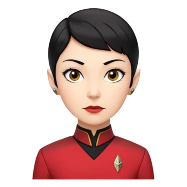 female Vulcan with short black hair and small pointy ears in Starfleet red uniform (Star Trek) no green face sticker