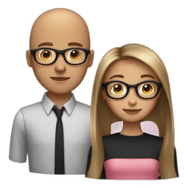 girl with bro2n long straight hair and black round glasses and bald boy sticker