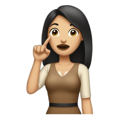 A tall woman wearing brown dress with black hair and asking to keep quiet while putting her finger on her lips sticker