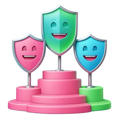 Minimalist 3D emoji-style podium with 2 steps on a green chroma key background. Step 1 (higher) features a handshake icon with blue neon glow. Step 2 (lower) features a smiling tooth with a shield icon and pink neon glow. Clean rendering, soft colors, uniform lighting. sticker
