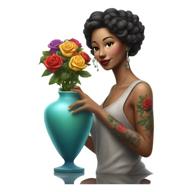 Hyper Realistic beautiful woman model with a small rose tattoo arranging flowers in a vase sticker