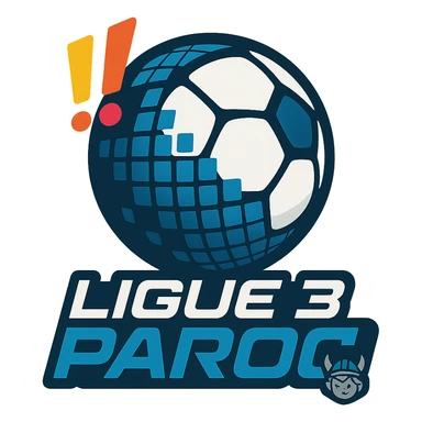 Le logo présente un ballon de football moderne, stylisé en forme de globe digital . Deux points d’exclamation "!!" dynamiques, en biais et colorés, sont placés en haut à gauche du ballon comme un emblème, évoquant l’intensité et l’enthousiasme de la ligue.

En dessous, le nom "Ligue 3 Paroc" est écrit en lettres audacieuses, avec une typographie sportive mais légèrement futuriste. Le mot "Paroc" est accompagné de son emblème discret (viking enfant) sticker