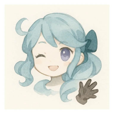 chibi style Gwen from League of Legends, only head, right eye purple, one hand waving with glove, smiling and energetic, watercolor style sticker