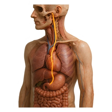 realistic 4K image of human body with vagus nerve highlighted, precise anatomical details, visible path of vagus nerve from skull to main organs, natural colors, transparency effect showing internal organs, clinical atmosphere, neutral background sticker