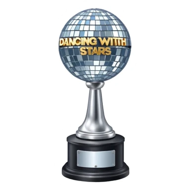 Tall Competition trophy with a silver disco ball on top that says “Dancing With The Stars” sticker