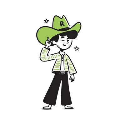 Cowboy wearing green hat with letter R on it sticker