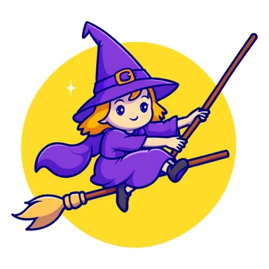 cute witch with purple hat flying on a magical broom with sparkles sticker
