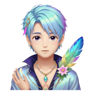 Beautiful gorgeous anime boy with beautiful iridescent-special-hair, fashion aesthetic, ethereal, fairycore, pastelcore, feather, flower, gems, accessories, jewelries, gold, colorful sticker
