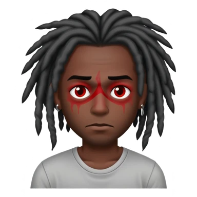 Dark skin tone gray short sleeve shirt black dreads red numb tattoo under his left eye sticker