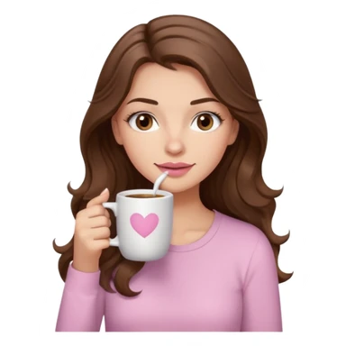 girl with wavy long brown hair, brown eyes, light to medium complexion, long lashes, light pink lipstick, wearing light pink shirt, sipping coffee sticker