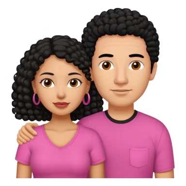 A picture if a couple. the man is a Mexican man with  black hair, a bald hair cut and black shirt on. the woman is mixed with black and white, with curly shoulder length hair and a pink shirt on sticker