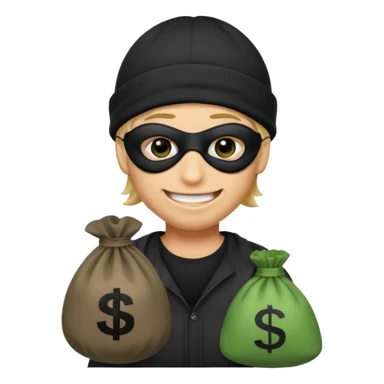 smiley robber wears black eye mask and black beanies with one money bag beside his right side sticker